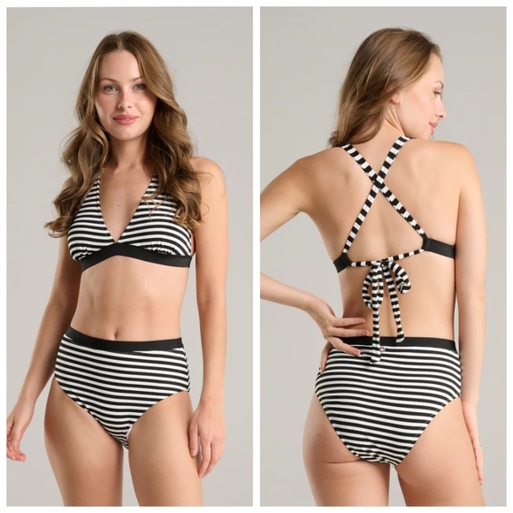 Striped Ribbed Bikini Highrise Bottoms & Crossback Halter Top Size S NWOT - Picture 1 of 7